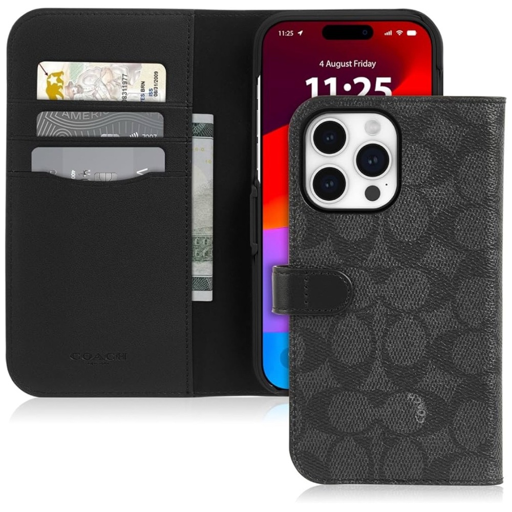Coach IPhone 15 Pro Folio Case in Signature Canvas Black/Gray NWT